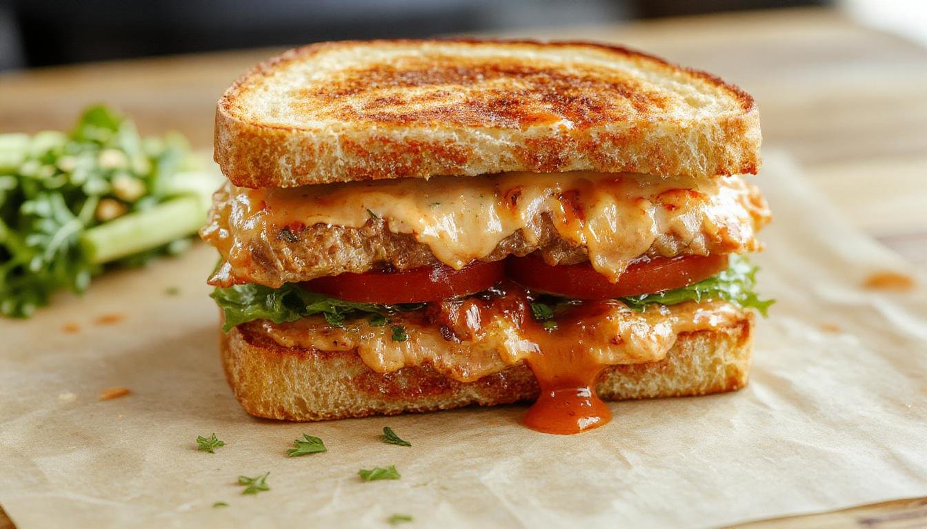Un sándwich club de tres pisos con pan tostado, capas visibles de lechuga, tomate, tocino, pollo y queso, acompañado de palillos y una guarnición de papas fritas en un plato de cerámica blanco.