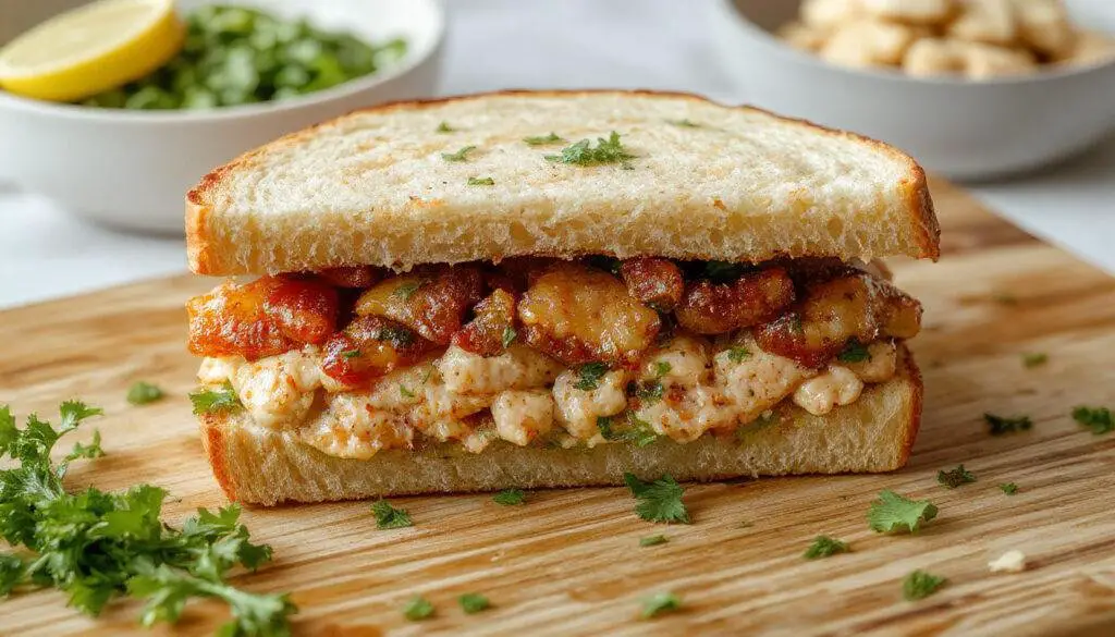 Un sándwich mixto a la plancha colocado en un plato blanco, con pan dorado y crujiente, relleno de jamón y queso fundido, con marcas de la parrilla visibles y un fondo desenfocado que resalta su textura y aspecto apetitoso.