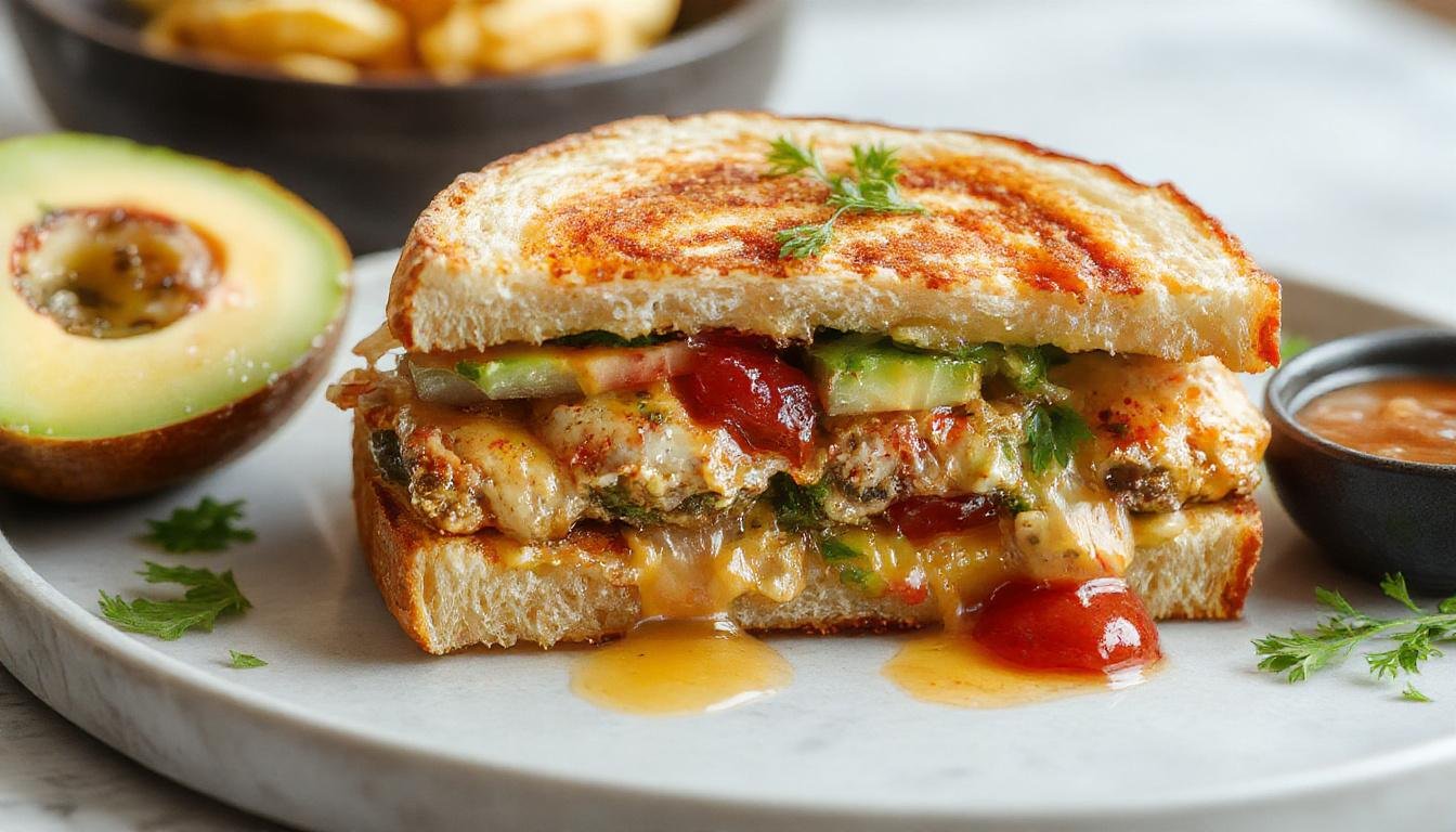 Un sándwich montecristo en un plato blanco, cortado por la mitad para mostrar su interior con jamón, queso y hielo glaseado, acompañado de frutas y hojas verdes, presentado en un estilo elegante y apetitoso.