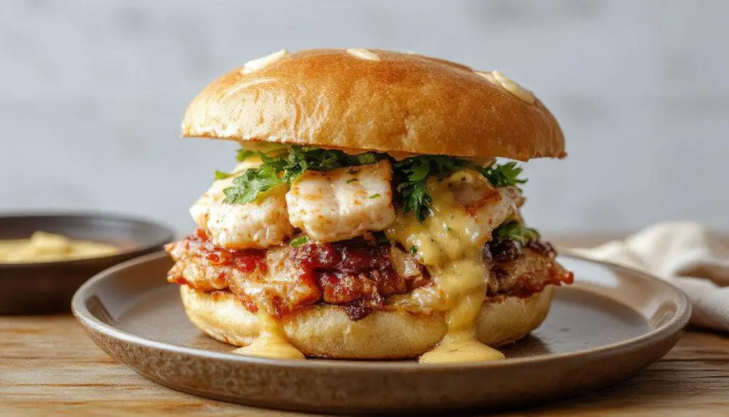 Un sándwich de atún abierto en un plato blanco, lleno de mezcla de atún, apio picado y mayonesa, con pan tostado dorado y crujiente, presentado con vegetales frescos alrededor.