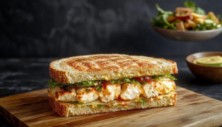 Un sándwich de pollo en un pan integral ligeramente tostado, lleno de ensalada de pollo con vegetales coloridos como lechuga, tomate y cebolla. El sándwich está cortado por la mitad, mostrando el relleno cremoso y abundante, y se presenta sobre un plato blanco con un toque de hierbas frescas en el fondo.