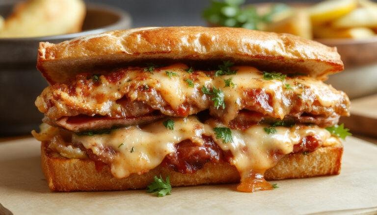 Un sándwich de pastrami en pan artesanal crujiente, relleno con finas lonchas de pastrami, mostaza amarilla y encurtidos en un plato rústico.
