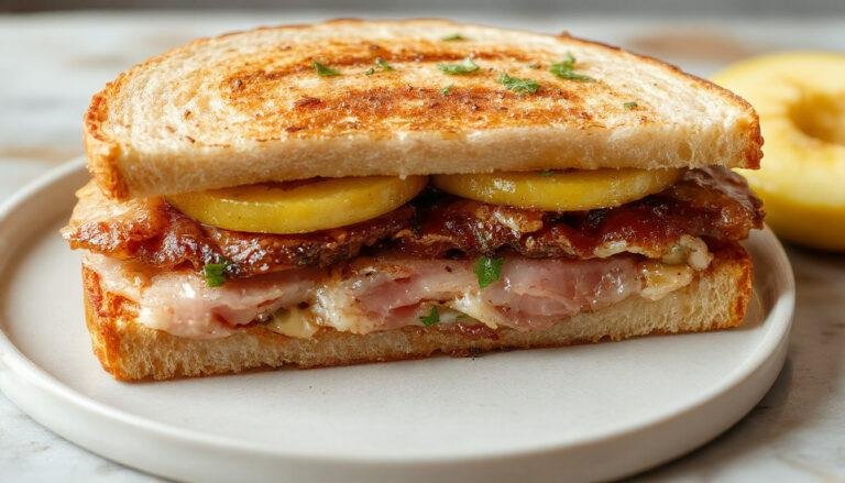 Un sándwich de pavo, manzana y queso brie en pan fresco y crujiente, con rodajas finas de manzana y queso derretido visible, presentado en un plato elegante con un fondo neutro.