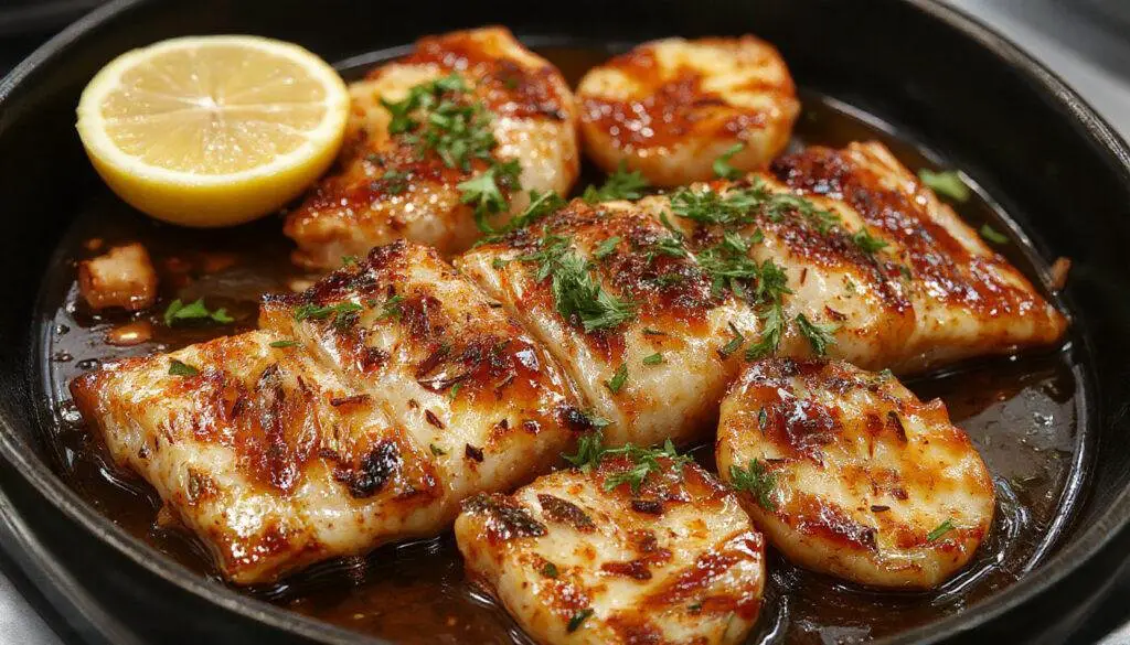 Placa de sepia a la plancha dorada y jugosa, cubierta con ajo picado y perejil fresco, presentada en un plato blanco sobre un fondo de madera rústica.