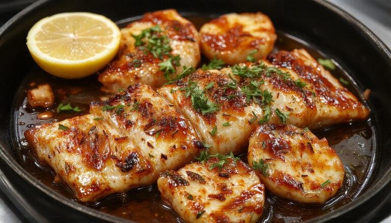 Placa de sepia a la plancha dorada y jugosa, cubierta con ajo picado y perejil fresco, presentada en un plato blanco sobre un fondo de madera rústica.