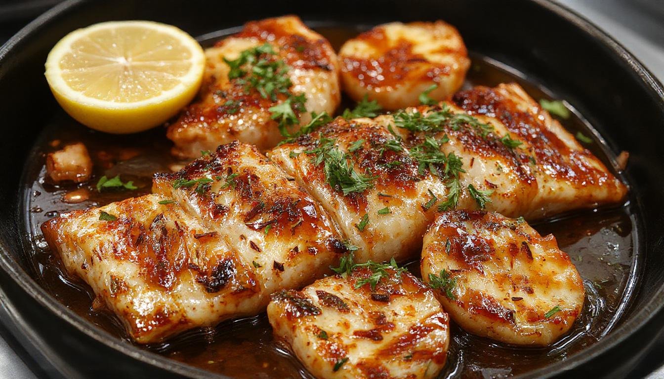 Placa de sepia a la plancha dorada y jugosa, cubierta con ajo picado y perejil fresco, presentada en un plato blanco sobre un fondo de madera rústica.