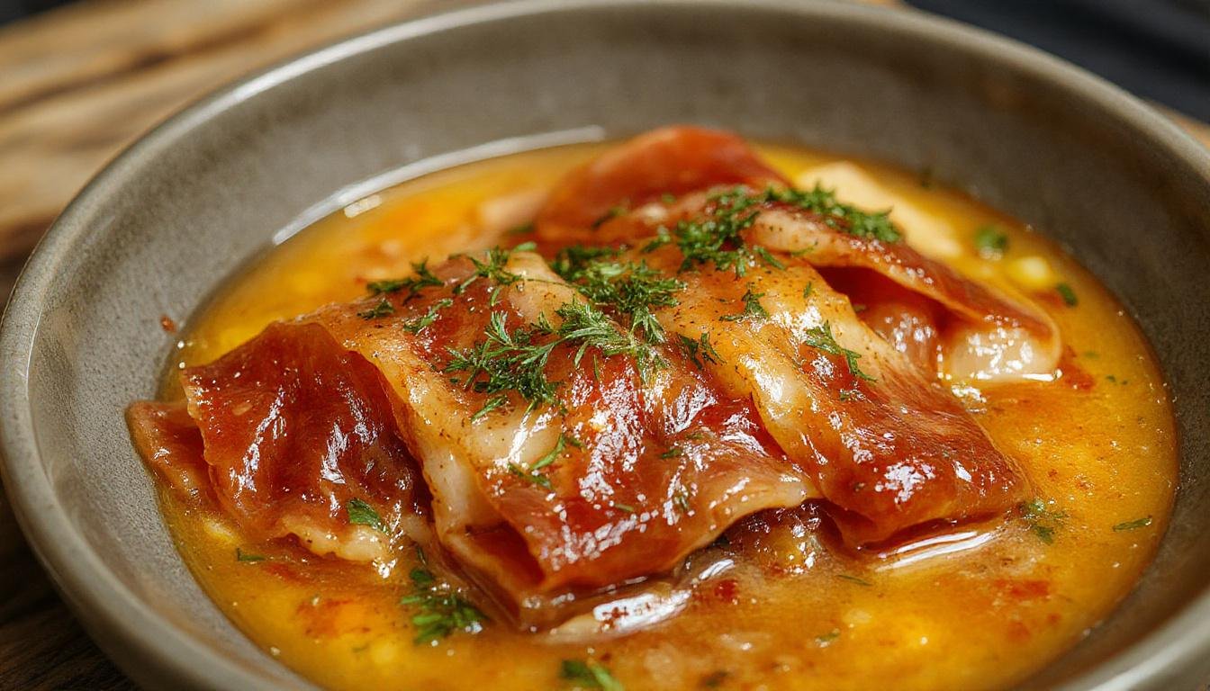 Una tapa de setas al ajillo servidas en un pequeño plato de cerámica, con trozos de jamón serrano distribuidos sobre las setas, todo en un fondo rústico y cálido, resaltando los colores dorados de las setas y el rojo del jamón.
