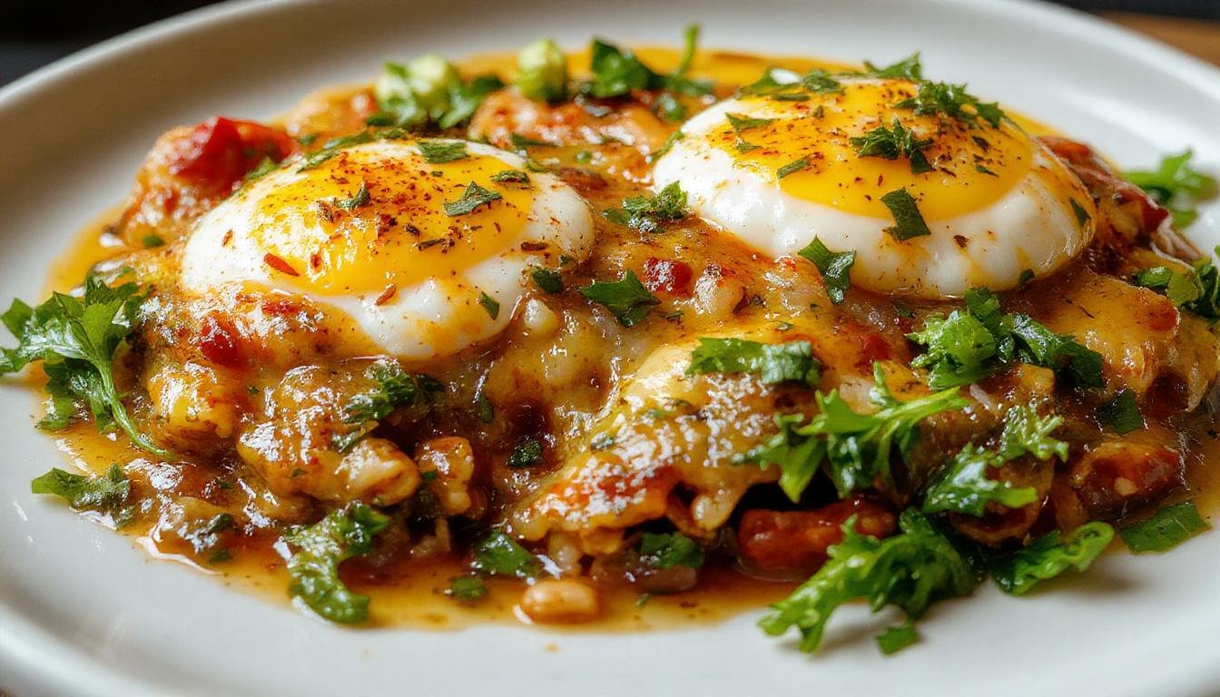Plato de shakshuka con huevos escalfados en salsa de tomate rojo vibrante, adornado con perejil fresco y servido en un plato redondo blanco. La salsa muestra una textura suave y espesa con trozos de tomate y especias visibles, acompañada de pan crujiente al lado.