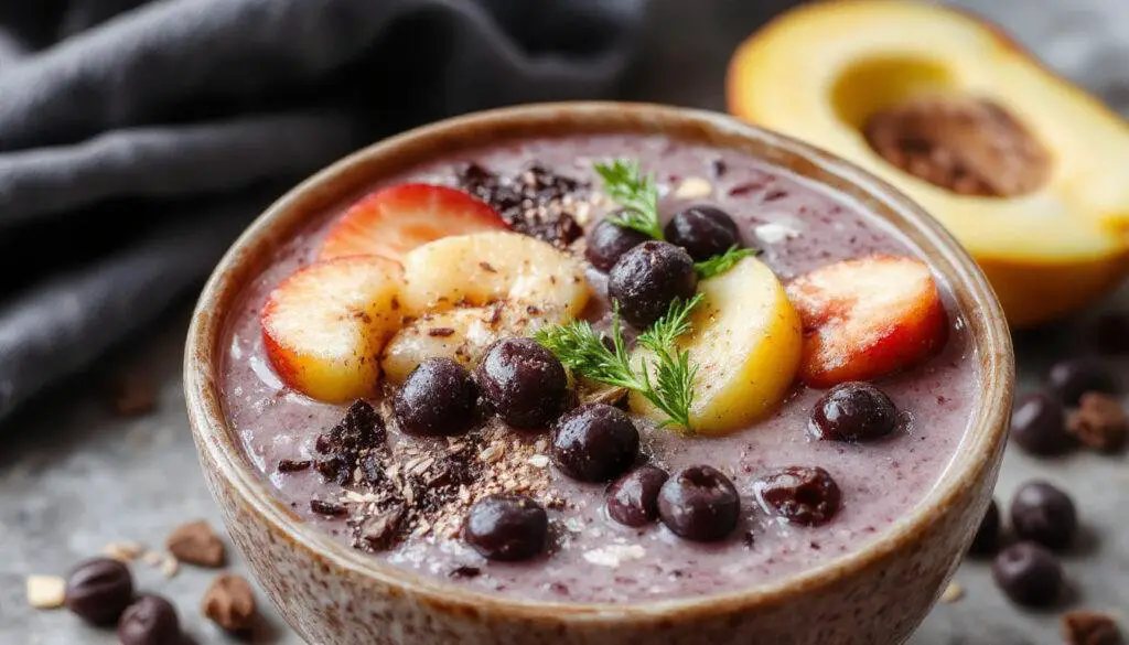 Tazón de smoothie de color púrpura intenso con rodajas de plátano en la parte superior, semillas de chía y fruta fresca decorando el borde, con una textura cremosa y un look vibrante y apetitoso.