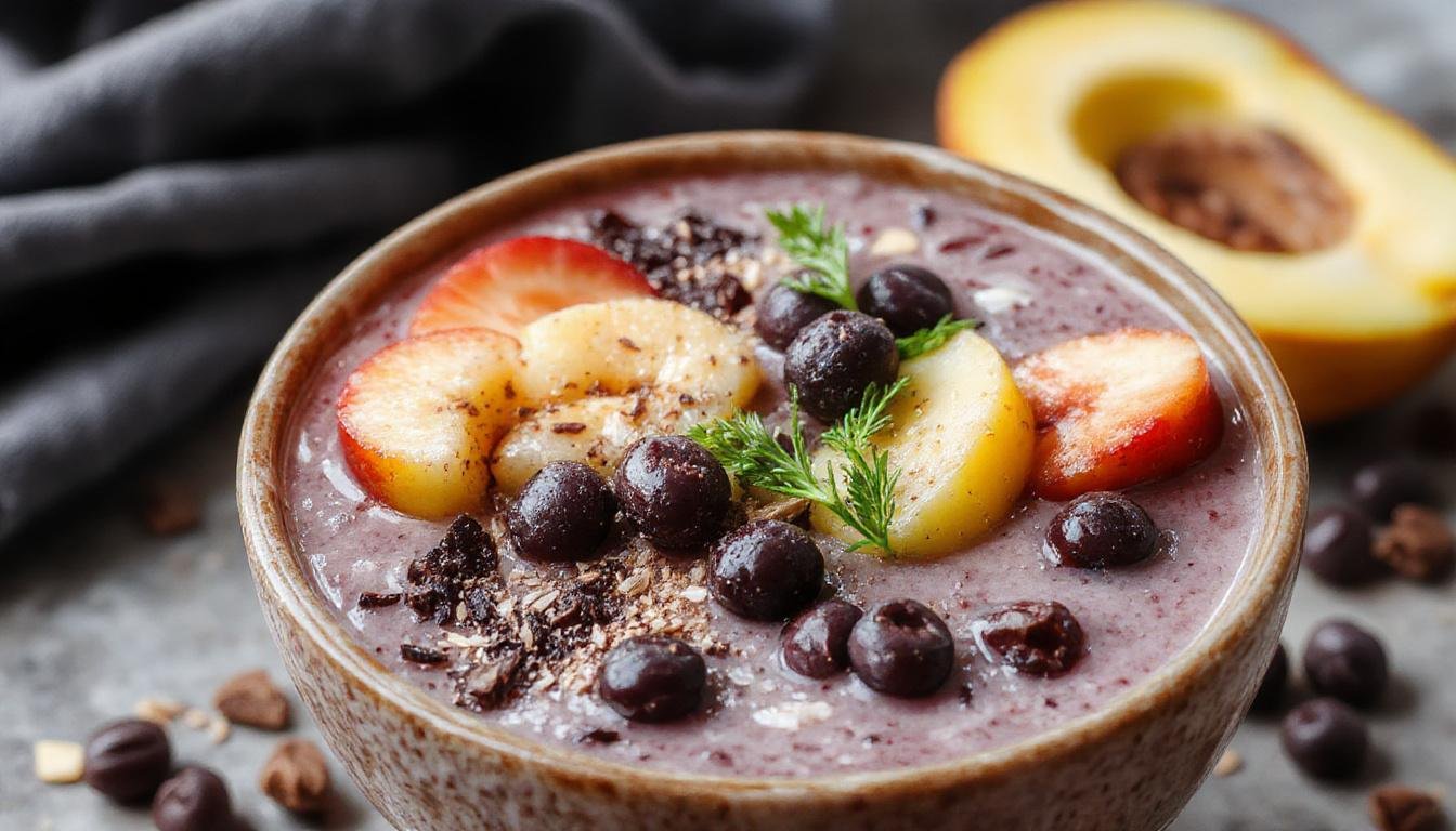 Tazón de smoothie de color púrpura intenso con rodajas de plátano en la parte superior, semillas de chía y fruta fresca decorando el borde, con una textura cremosa y un look vibrante y apetitoso.