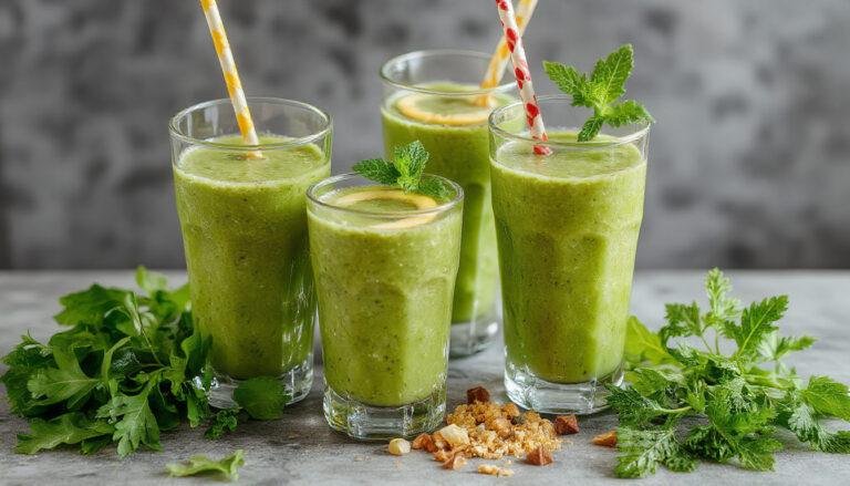 Un vaso transparente de smoothie verde en primer plano, con espuma en la superficie y trozos de fruta y hojas verdes visibles, decorado con una rodaja de limón y una ramita de menta, con un fondo difuso de frutas y vegetales frescos. La textura cremosa y vibrante del batido destaca en la presentación saludable y apetecible.