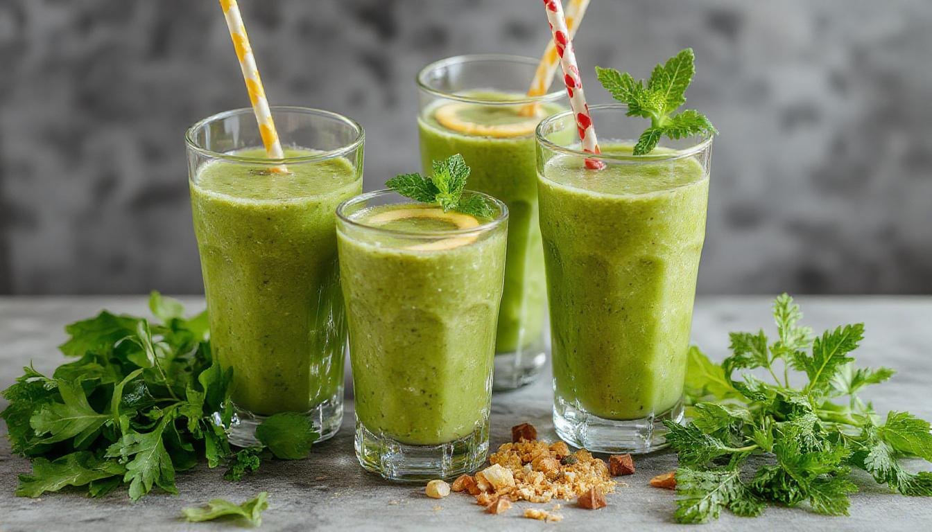 Un vaso transparente de smoothie verde en primer plano, con espuma en la superficie y trozos de fruta y hojas verdes visibles, decorado con una rodaja de limón y una ramita de menta, con un fondo difuso de frutas y vegetales frescos. La textura cremosa y vibrante del batido destaca en la presentación saludable y apetecible.