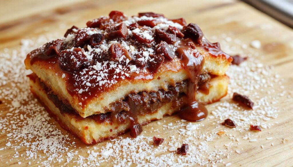 Un plato de solomillo de carne en rodajas, cubierto con una rica salsa oscura de Pedro Ximénez, acompañado de pasas y piñones tostados, presentado en un plato elegante con un toque brillante y apetitoso.