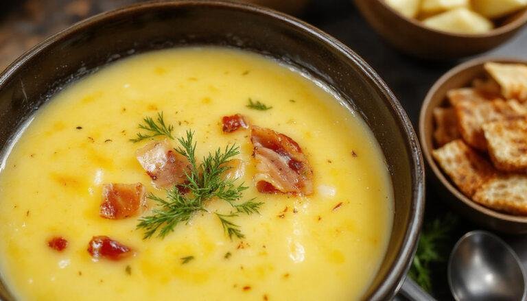 Un tazón transparente que muestra una sopa fría de melón de color amarillo pálido, decorada con trozos crujientes de jamón encima, con rodajas delgadas de melón y hojas de menta fresca en el fondo. La presentación es elegante y refrescante, perfecta para un plato de verano, en un fondo neutro que resalta los colores vibrantes y la textura cremosa de la sopa.