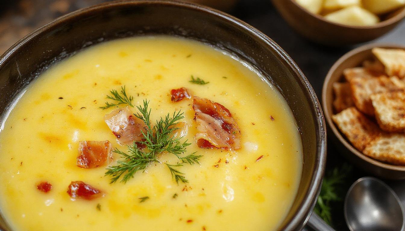Un tazón transparente que muestra una sopa fría de melón de color amarillo pálido, decorada con trozos crujientes de jamón encima, con rodajas delgadas de melón y hojas de menta fresca en el fondo. La presentación es elegante y refrescante, perfecta para un plato de verano, en un fondo neutro que resalta los colores vibrantes y la textura cremosa de la sopa.