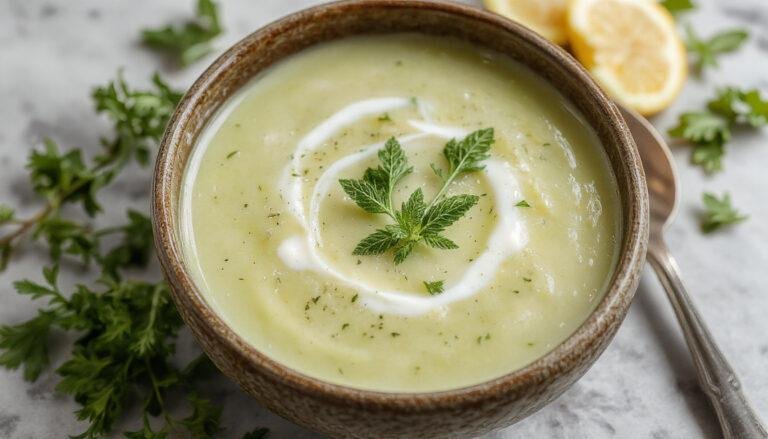 Taza de sopa fría de pepino y yogurt, decorada con hojas de menta fresca, presentada en un plato blanco sobre una mesa de madera, con textura cremosa visible y colores verdes y blancos luminosos.