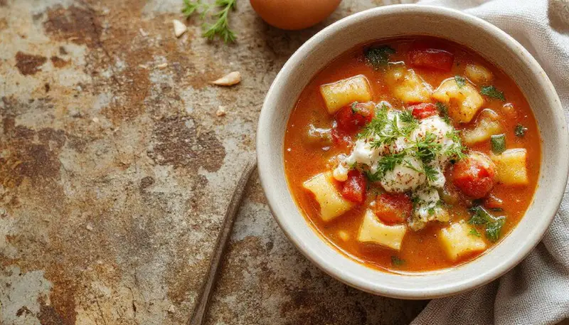Un tazón hondo lleno de minestrone italiano con verduras de diferentes colores como zanahorias naranjas, apio verde, y tomates rojos, acompañadas de pasta pequeña y hierbas frescas, todo sobre una mesa de madera rústica.