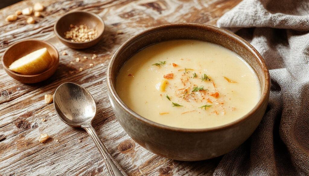 Un tazón hondo de sopa de ajo castellana, con ajo dorado en vino, pan crujiente flotando, y un toque de pimiento rojo picado, todo en un plato rústico sobre una servilleta de lino beige.