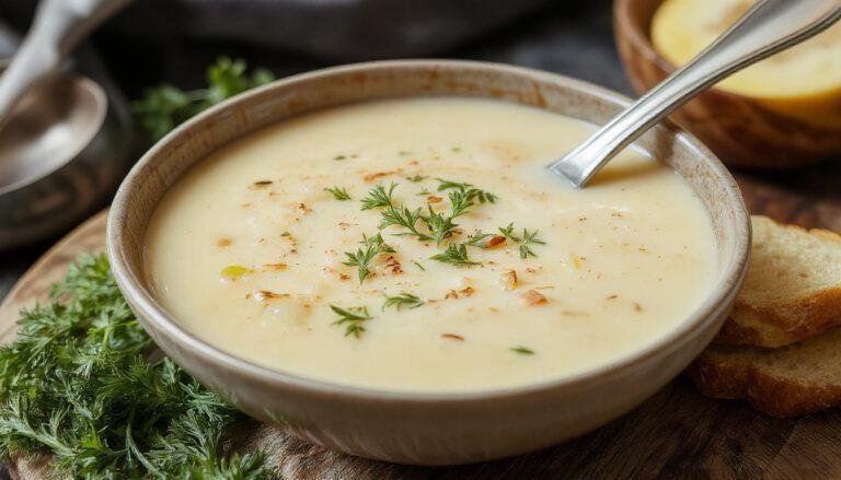 Tazón hondo de sopa de cebolla francesa gratinada con queso fundido y dorado en la superficie, cebolla caramelizada visible, servido en un plato rústico con un toque de hierbas frescas, presentación acogedora y apetecible