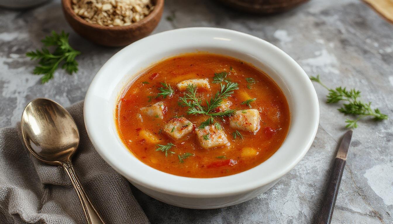 Un cuenco hondo de sopa de lentejas rojas turca, con un color anaranjado vibrante, adornada con perejil fresco y una rodaja de limón al lado, sobre una mesa de madera clara, rodeada de especias y pan pita crujiente.