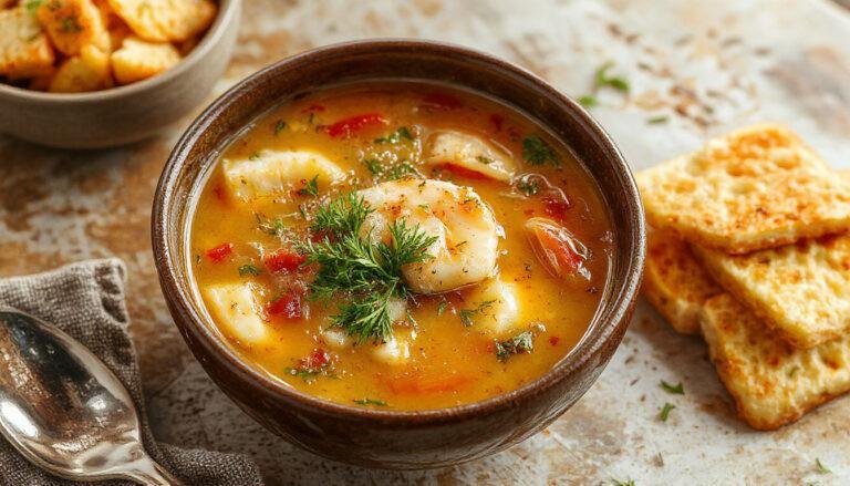 Tazón hondo lleno de sopa de pescado y marisco, con un color dorado y trozos de marisco visibles, decorado con hierbas frescas y rodajas de limón en un fondo rústico.