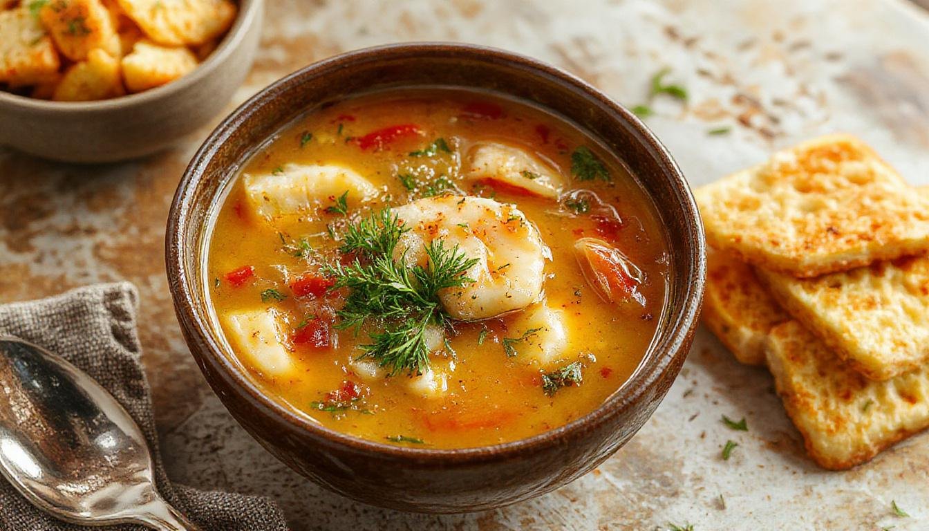 Tazón hondo lleno de sopa de pescado y marisco, con un color dorado y trozos de marisco visibles, decorado con hierbas frescas y rodajas de limón en un fondo rústico.