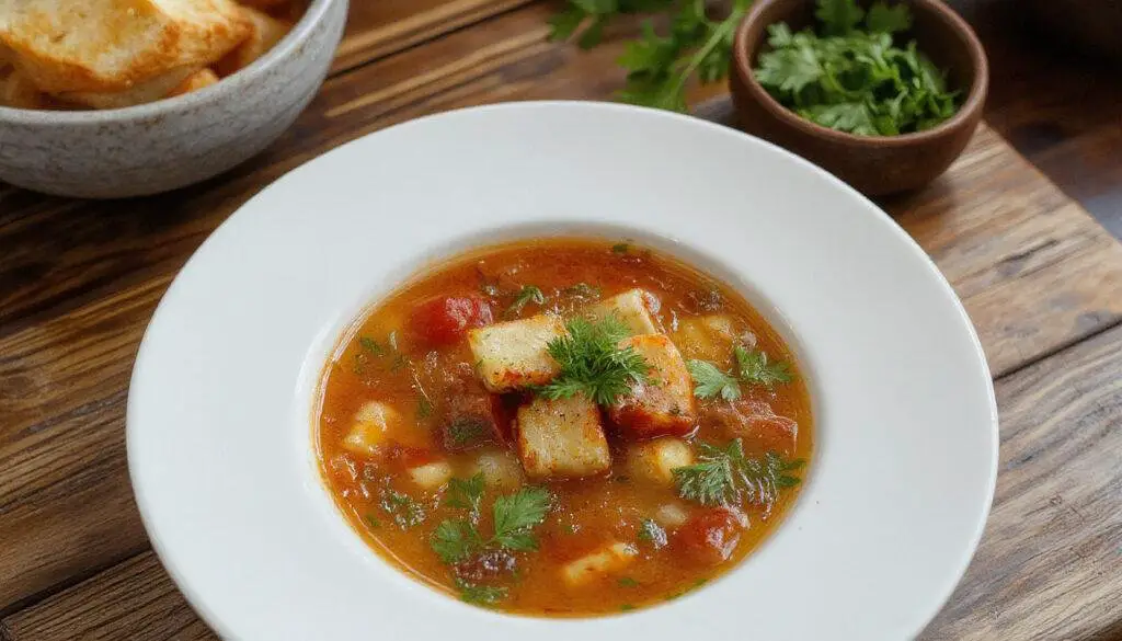 Un tazón hondo de sopa de tomate asado con albahaca fresca, de color rojo vibrante y superficie cremosa, decorado con hojas de albahaca y servido en un plato de cerámica blanco, acompañado de pan crujiente a un lado.