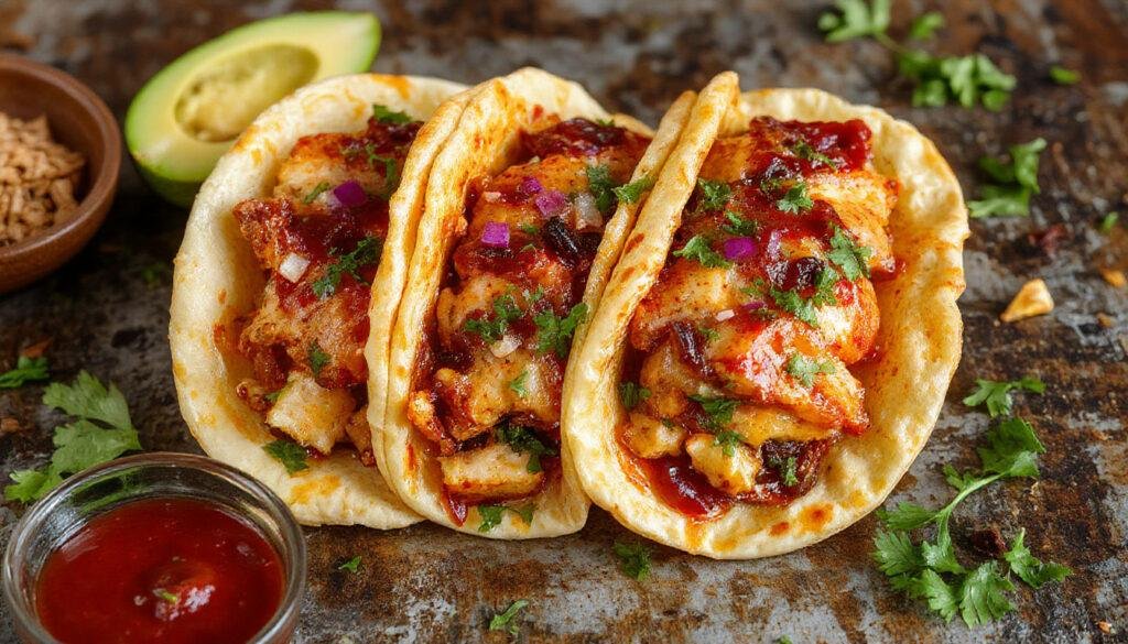 Plato de tacos de cochinita pibil en tortillas de maíz, con carne de cerdo desmenuzada, cebolla morada en rodajas, y un toque de cilantro fresco, presentado en una bandeja rústica con salsa roja y limón al lado.