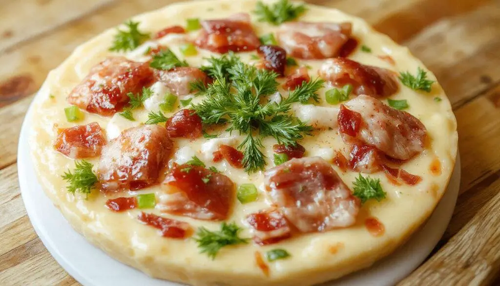 Tarta salada de puerros y bacon sobre un plato blanco. La masa hojaldrada dorada y crujiente rodea una mezcla cremosa de puerros y bacon, decorada con un toque de hierbas verdes.