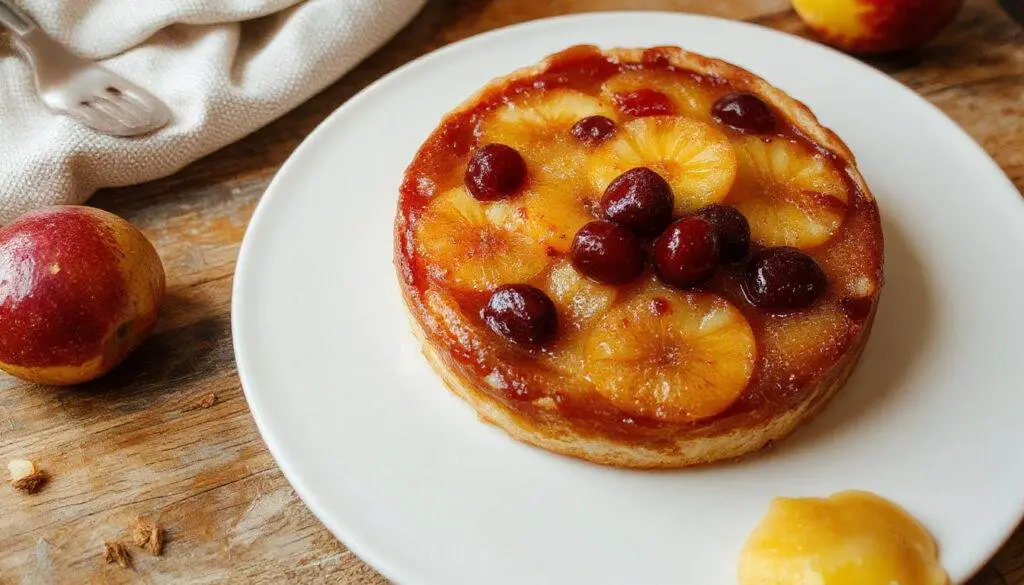 Tarta tatín de manzana caramelizada en un plato blanco, con una superficie dorada y glaseada, mostrando capas de manzana en forma de espiral y un brillo caramelizado. La corteza dorada se asoma en los bordes, con un aspecto crujiente y delicioso.