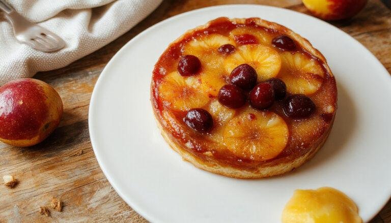 Tarta tatín de manzana caramelizada en un plato blanco, con una superficie dorada y glaseada, mostrando capas de manzana en forma de espiral y un brillo caramelizado. La corteza dorada se asoma en los bordes, con un aspecto crujiente y delicioso.