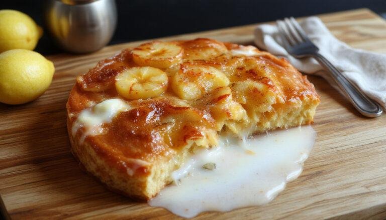 Una tarta de manzana fácil y deliciosa presentada en un plato blanco, con una corteza dorada crujiente y rebanadas de manzana en la parte superior, decorada con un toque de azúcar glas y canela, con un fondo difuso que resalta la textura y el color del hojaldre y las manzanas.