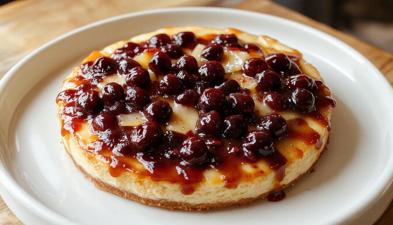 Una tarta de queso La Viña en un plato blanco con corte visible en la parte superior dorada y crujiente. La miga de la tarta se ve suave y cremosa, decorada con un toque de azúcar glass y acompañada de frutas frescas. El fondo es neutro, resaltando su textura y aspecto apetitoso.