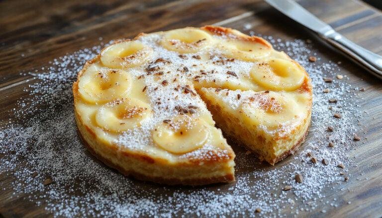 Tarta de Santiago aparece en un plato de cerámica blanca, adornada con azúcar glas formando una cruz en el centro y rodeada de almendras fileteadas doradas, resaltando su textura húmeda y dorada y un fondo rústico que acentúa su carácter tradicional.