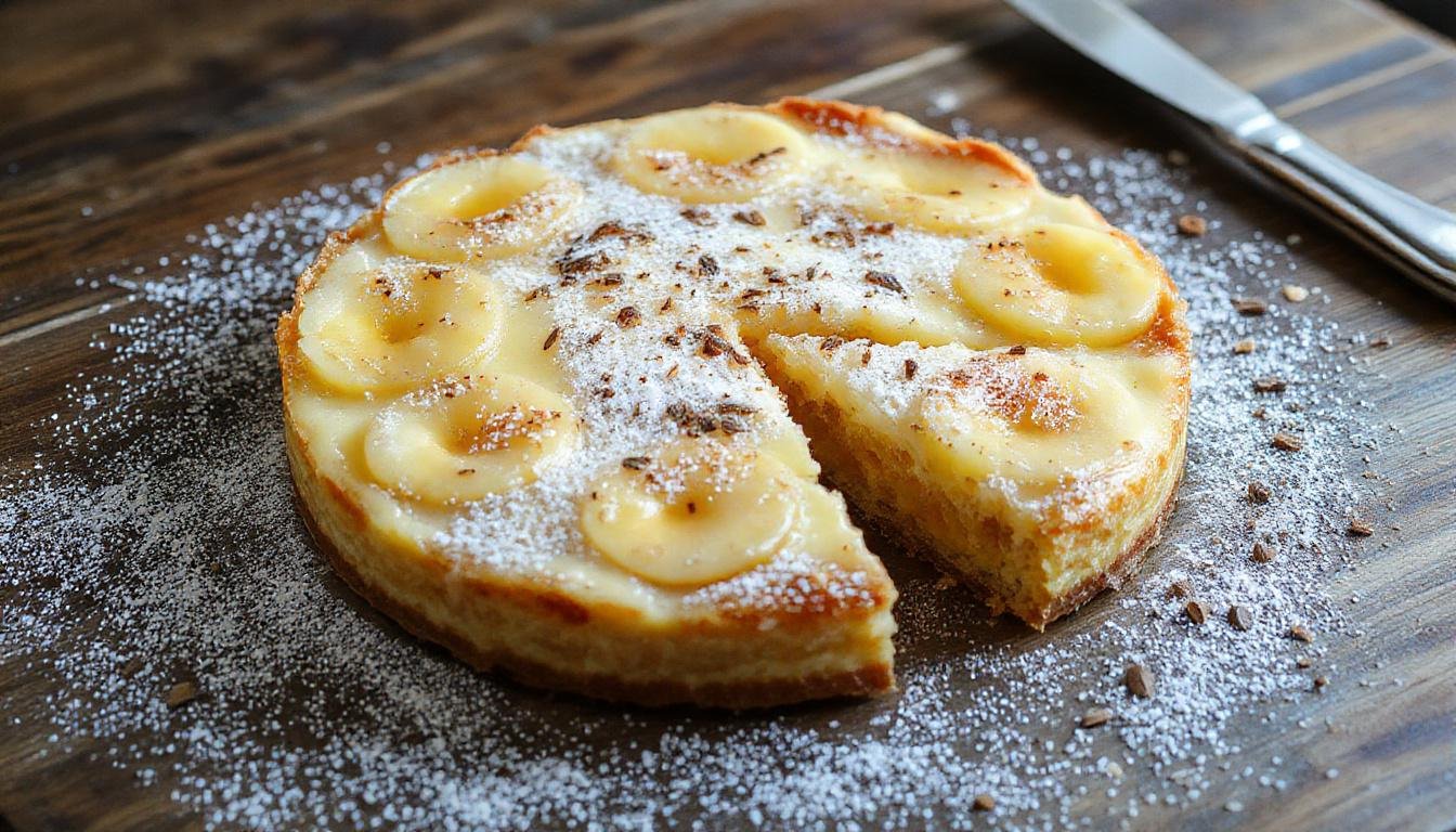 Tarta de Santiago aparece en un plato de cerámica blanca, adornada con azúcar glas formando una cruz en el centro y rodeada de almendras fileteadas doradas, resaltando su textura húmeda y dorada y un fondo rústico que acentúa su carácter tradicional.