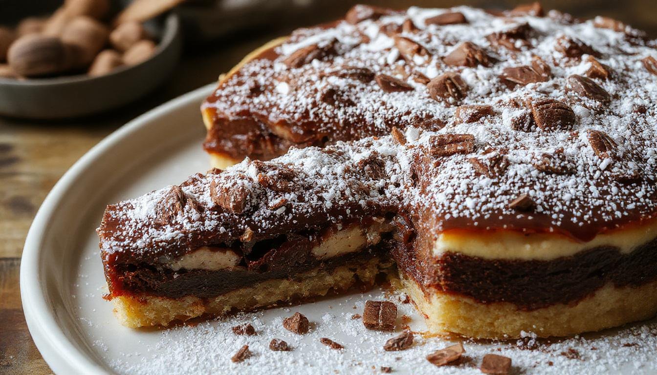 Una tarta de tres chocolates en un plato rectangular, decorada con ralladura de chocolate y crema, con capas visibles de diferentes tonos de marrón y beige, presentación elegante y apetitosa sobre una mesa de madera.