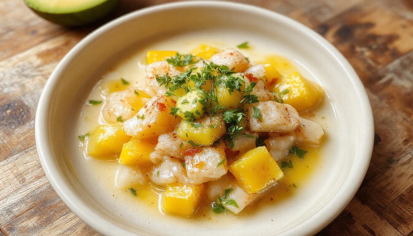 Porción de tartar de salmón y aguacate con mango en un plato blanco, decorado con ramas de eneldo y rodajas de limón, mostrando texturas cremosas y colores vibrantes de naranja, verde y rosa.