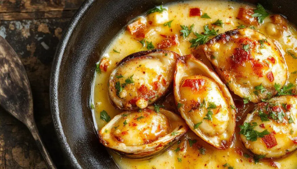 Plato de mejillones rellenos, golden y gratinados, abiertos para mostrar el relleno cremoso y dorado en su interior, acompañado de hierbas frescas y una presentación elegante en un plato blanco con rusticidad.