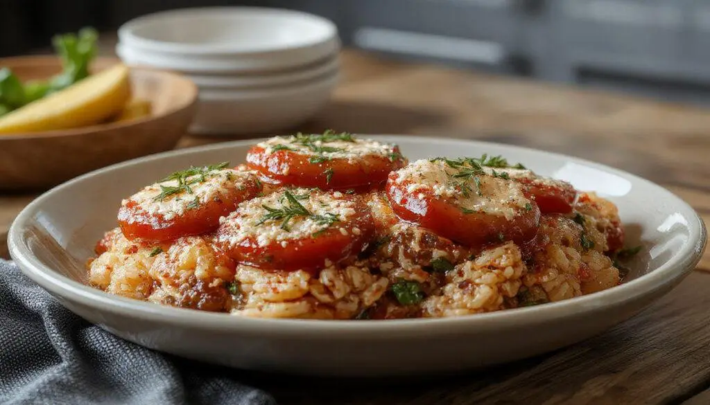 Tomates rellenos de arroz y atún en frío, presentados en una fuente blanca sobre un fondo de madera, con apariencia fresca y colorida, mostrando la textura del arroz, el atún y las verduras dentro de los tomates cortados por la mitad.