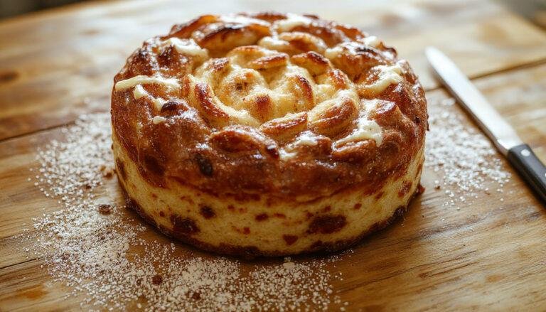 Torta del Casar al horno presentada en una tabla de madera, con una textura cremosa y derretida, ligeramente dorada en la superficie, acompañada de pan crujiente y rodajas de queso en el fondo.