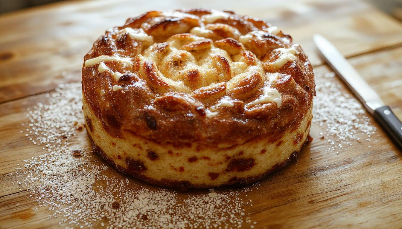 Torta del Casar al horno presentada en una tabla de madera, con una textura cremosa y derretida, ligeramente dorada en la superficie, acompañada de pan crujiente y rodajas de queso en el fondo.