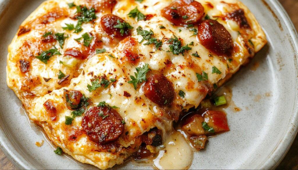 Tortilla paisana con chorizo y verduras en un plato rectangular, con trozos de chorizo dorado, pimientos verdes y rojos, patatas y cebolla, presentada en una porción ajustada y apetecible, con colores vibrantes y una textura variada que resalta su aspecto casero y delicioso.