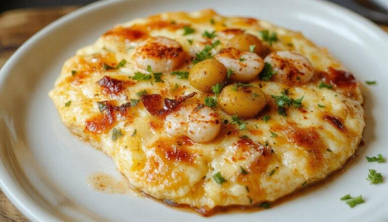 Tortilla de ajetes y gambas en un plato rectangular blanco, con ajetes dorados y gambas rosadas y jugosas, decoración simple y elegante, mostrando una textura cremosa y ligeramente dorada en los bordes.