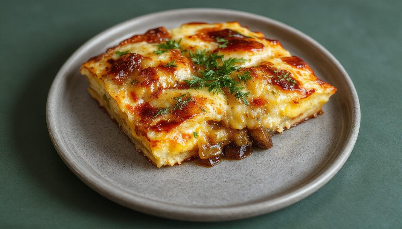 Una tortilla de patatas jugosa en un plato blanco, con cebolla caramelizada encima y un lado de ensalada fresca. La tortilla tiene un aspecto dorado y húmedo, con una textura suave y esponjosa visible en corte.