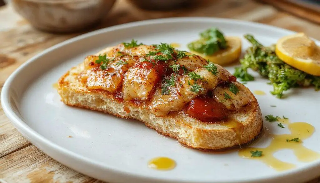 Una tostada dorada y crujiente con una capa de tomate triturado, encima varias anchoas en salazón y un chorrito de aceite de oliva virgen extra, decorada con perejil fresco. La presentación es elegante y apetecible, con ingredientes frescos y bien distribuidos sobre una superficie de madera clara.