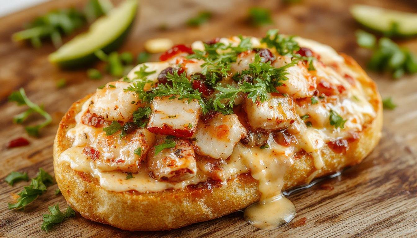Una rebanada de pan tostado cubierto con escalivada de verduras asadas en colores vibrantes, adornada con varias anchoas del Cantábrico que resaltan en la parte superior, todo presentado en una estética rústica sobre una tabla de madera.
