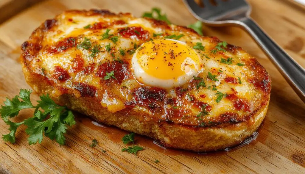 Una tostada dorada y crujiente cubierta con gulas y un huevo de codorniz perfectamente cocido, decorada con finas hierbas y presentada sobre un plato blanco, resaltando la textura y el contraste de colores.