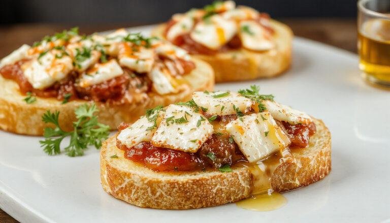 Una rebanada crujiente de pan tostado cubierta con sobrasada de color rojo intenso, queso de cabra suavemente derretido y un hilo de miel dorada en la parte superior, presentada en un plato blanco con un fondo neutro que realza los colores vibrantes del plato.