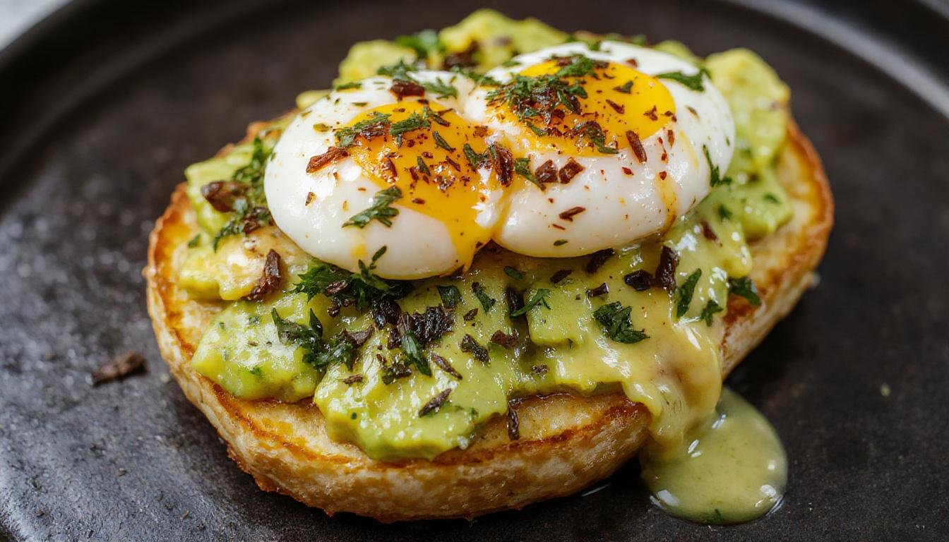 Una tostada de pan crujiente cubierta con aguacate machacado de color verde brillante y un huevo poché con clara cremosa y yema dorada, adornada con ralladura de limón y hojas verdes, presentada en un plato blanco sobre una mesa de madera natural.