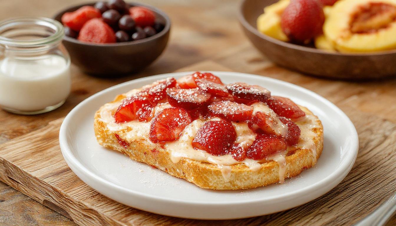 Tostadas francesas con una superficie dorada y crujiente, cubiertas con frutas frescas como fresas y plátanos, espolvoreadas con canela. El plato se presenta en un plato blanco sobre una mesa de madera, con un jarro de jarabe de arce y un toque de azúcar glas en la decoración.